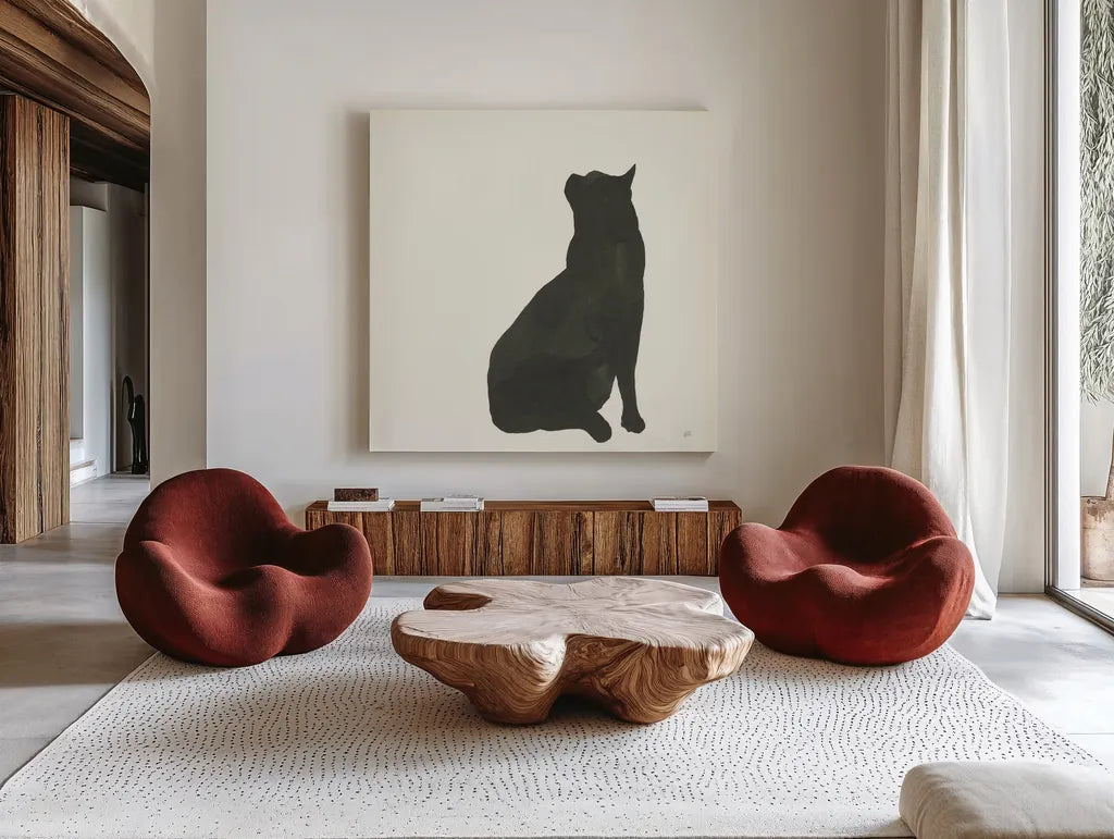 Black Cat II by Chris Paschke. Shown as extra-large giant wall art in a modern living room. Available as an archival giclee rolled canvas, fine art paper, or poster print. SKU 56270a.