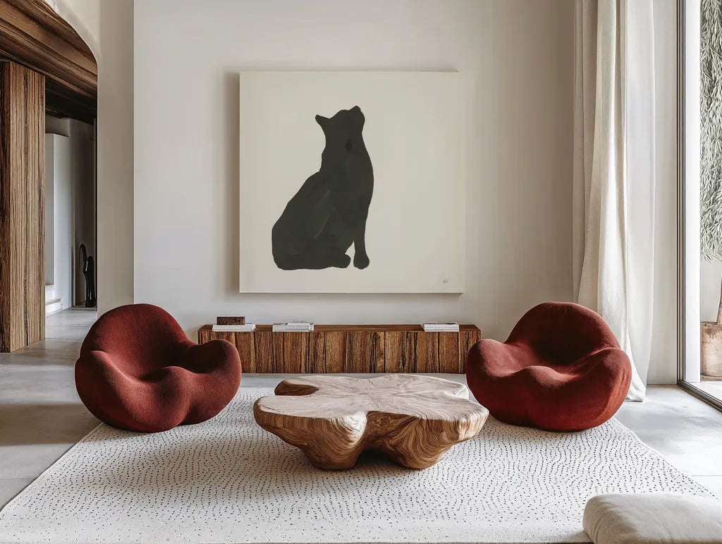Black Cat III by Chris Paschke. Shown as extra-large giant wall art in a modern living room. Available as an archival giclee rolled canvas, fine art paper, or poster print. SKU 56271a.