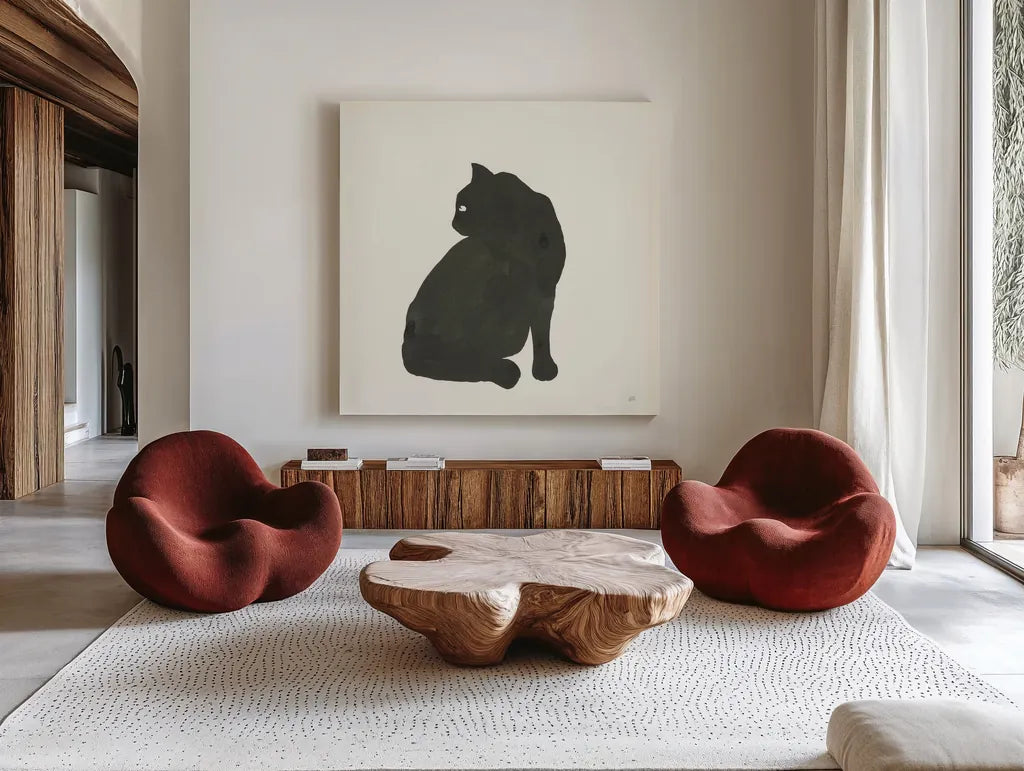 Black Cat IV by Chris Paschke. Shown as extra-large giant wall art in a modern living room. Available as an archival giclee rolled canvas, fine art paper, or poster print. SKU 56272a.
