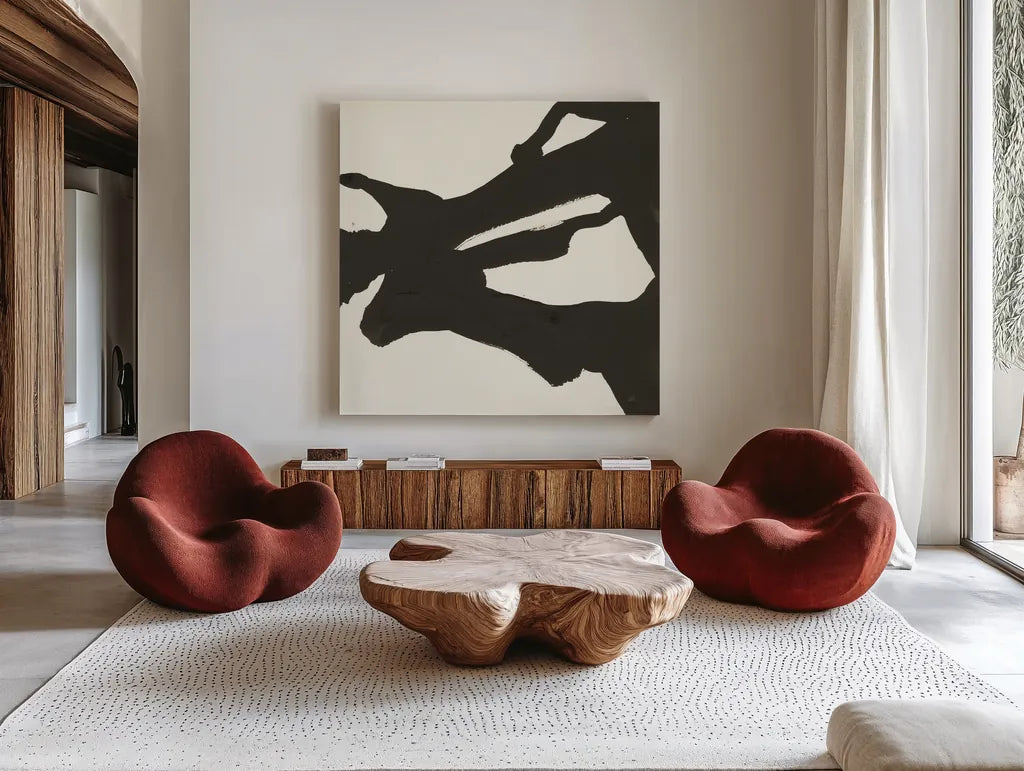 Black Gesture II by Chris Paschke. Shown as extra-large giant wall art in a modern living room. Available as an archival giclee rolled canvas, fine art paper, or poster print. SKU 69345a.