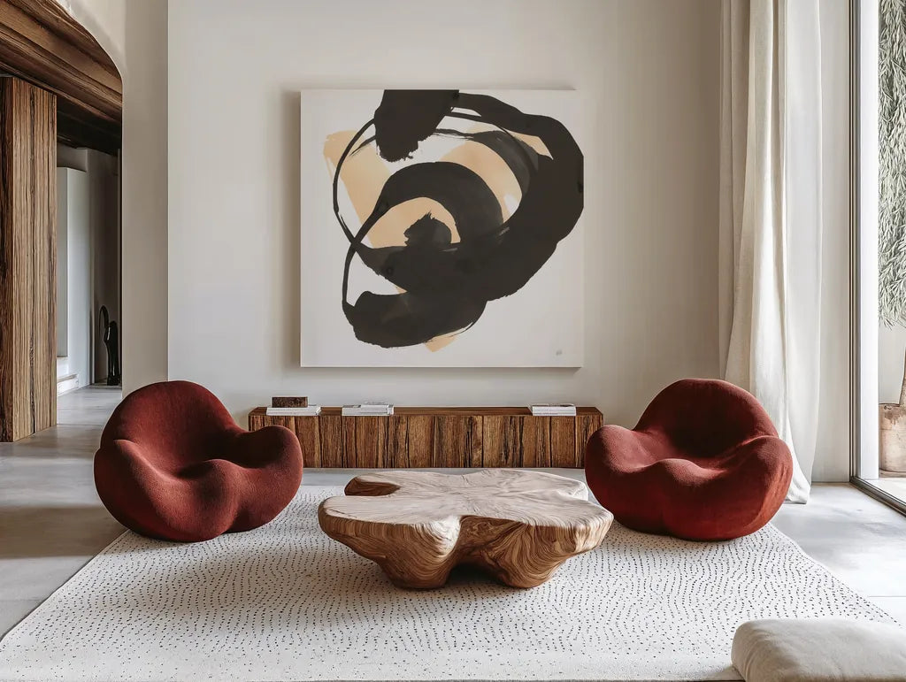 Black and Cream II by Chris Paschke. Shown as extra-large giant wall art in a modern living room. Available as an archival giclee rolled canvas, fine art paper, or poster print. SKU 83768a.