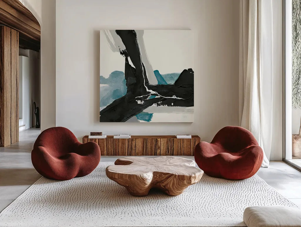 Black and Teal III by Chris Paschke. Shown as extra-large giant wall art in a modern living room. Available as an archival giclee rolled canvas, fine art paper, or poster print. SKU 34093a.