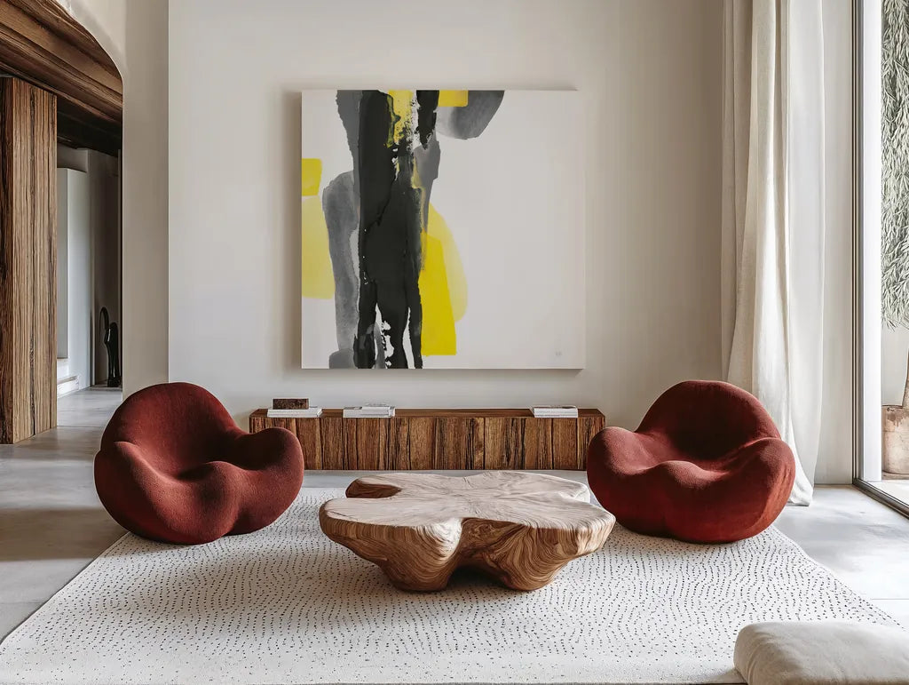 Black and Yellow II v2 by Chris Paschke. Shown as extra-large giant wall art in a modern living room. Available as an archival giclee rolled canvas, fine art paper, or poster print. SKU 38512a.