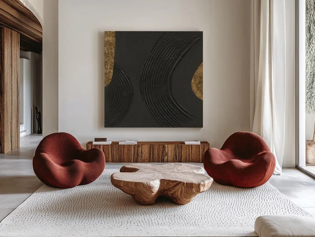 Black on Black III by Chris Paschke. Shown as extra-large giant wall art in a modern living room. Available as an archival giclee rolled canvas, fine art paper, or poster print. SKU 86805a.