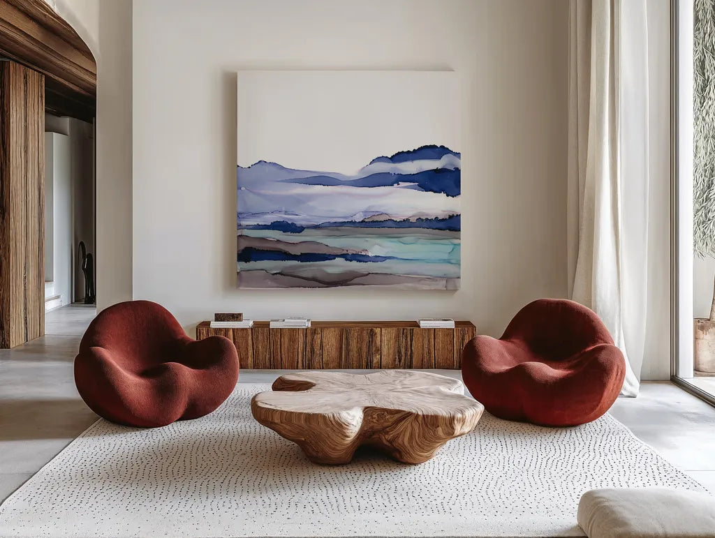 Bluescape I by Chris Paschke. Shown as extra-large giant wall art in a modern living room. Available as an archival giclee rolled canvas, fine art paper, or poster print. SKU 66745a.