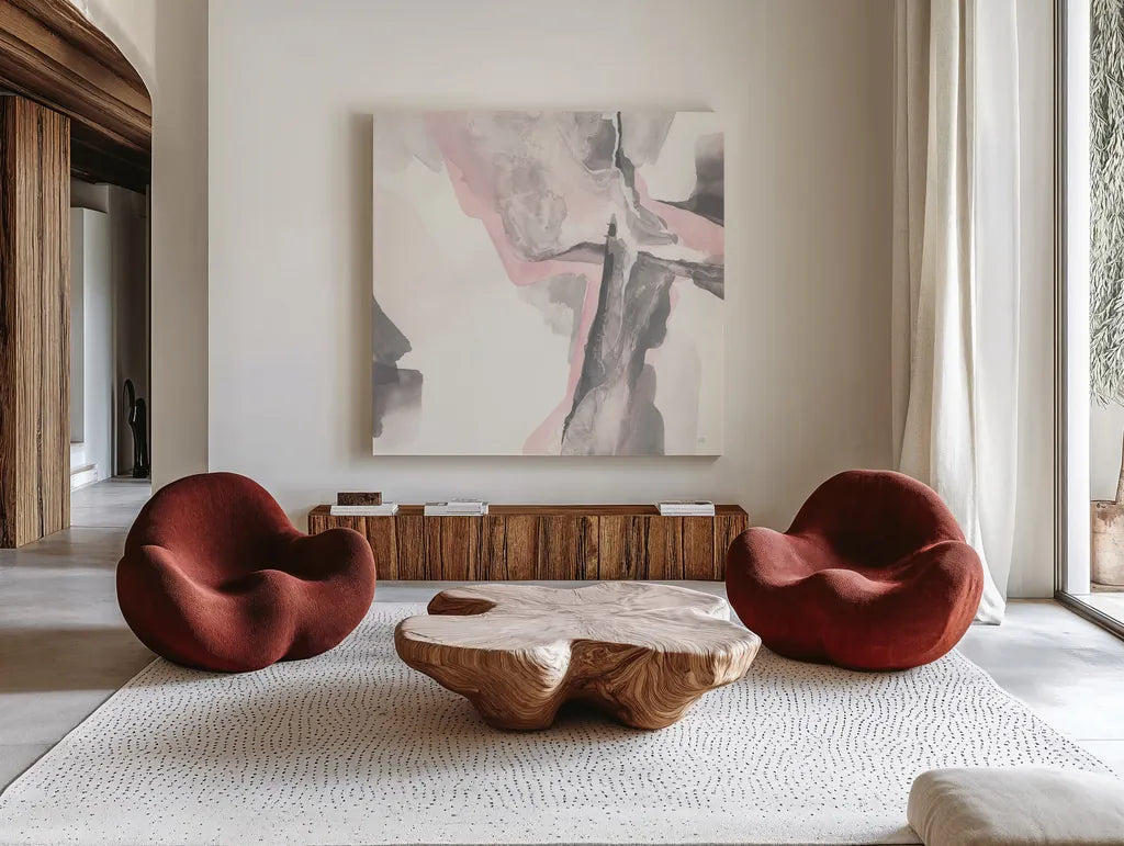 Blushing Grey II by Chris Paschke. Shown as extra-large giant wall art in a modern living room. Available as an archival giclee rolled canvas, fine art paper, or poster print. SKU 49054a.