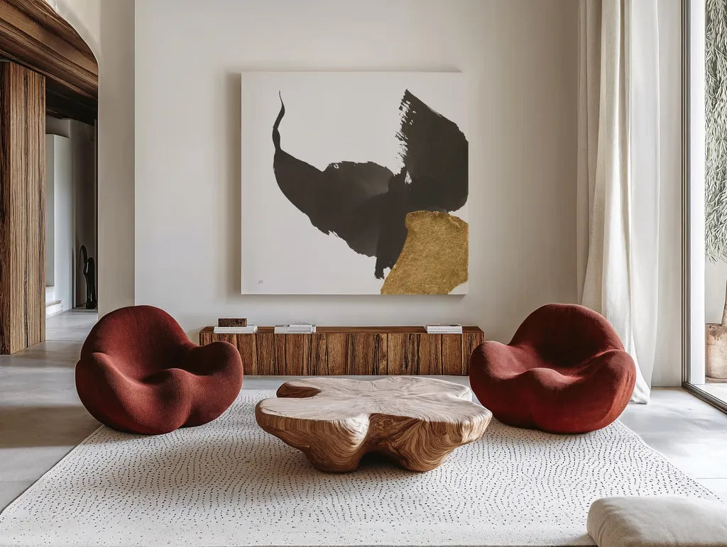 Bold Gold III by Chris Paschke. Shown as extra-large giant wall art in a modern living room. Available as an archival giclee rolled canvas, fine art paper, or poster print. SKU 86813a.