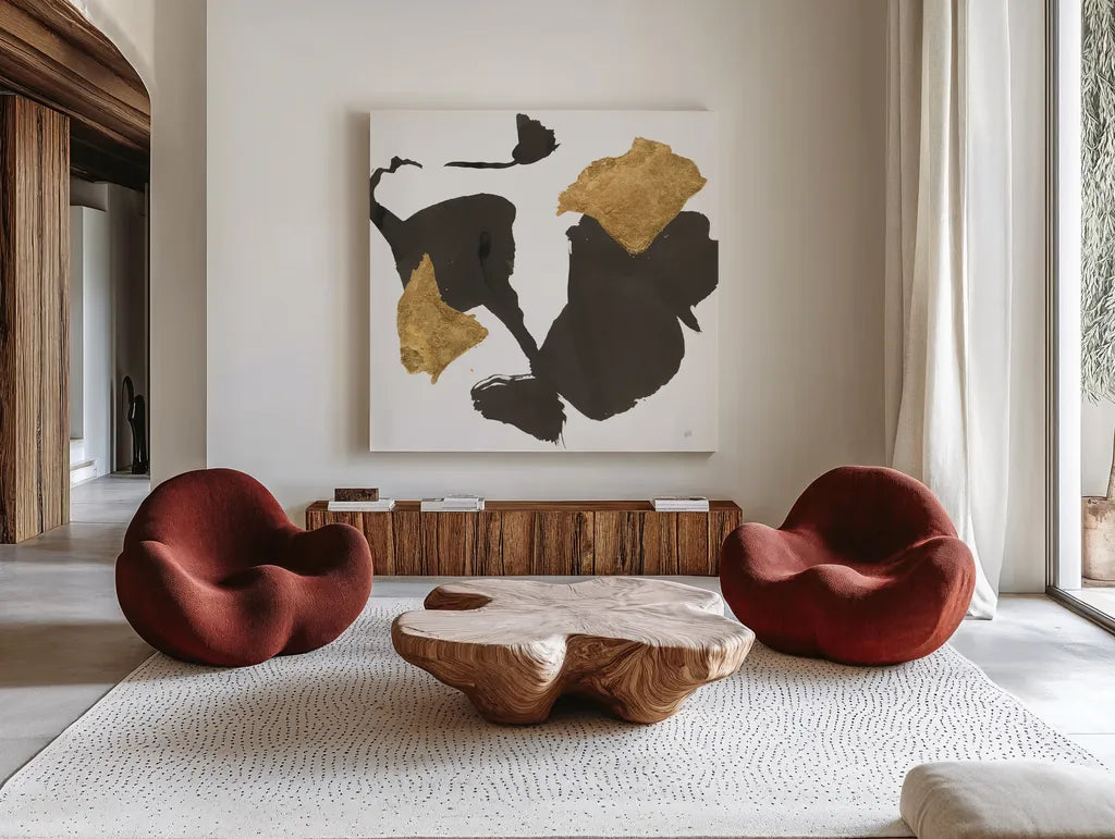 Bold Gold VII by Chris Paschke. Shown as extra-large giant wall art in a modern living room. Available as an archival giclee rolled canvas, fine art paper, or poster print. SKU 86817a.