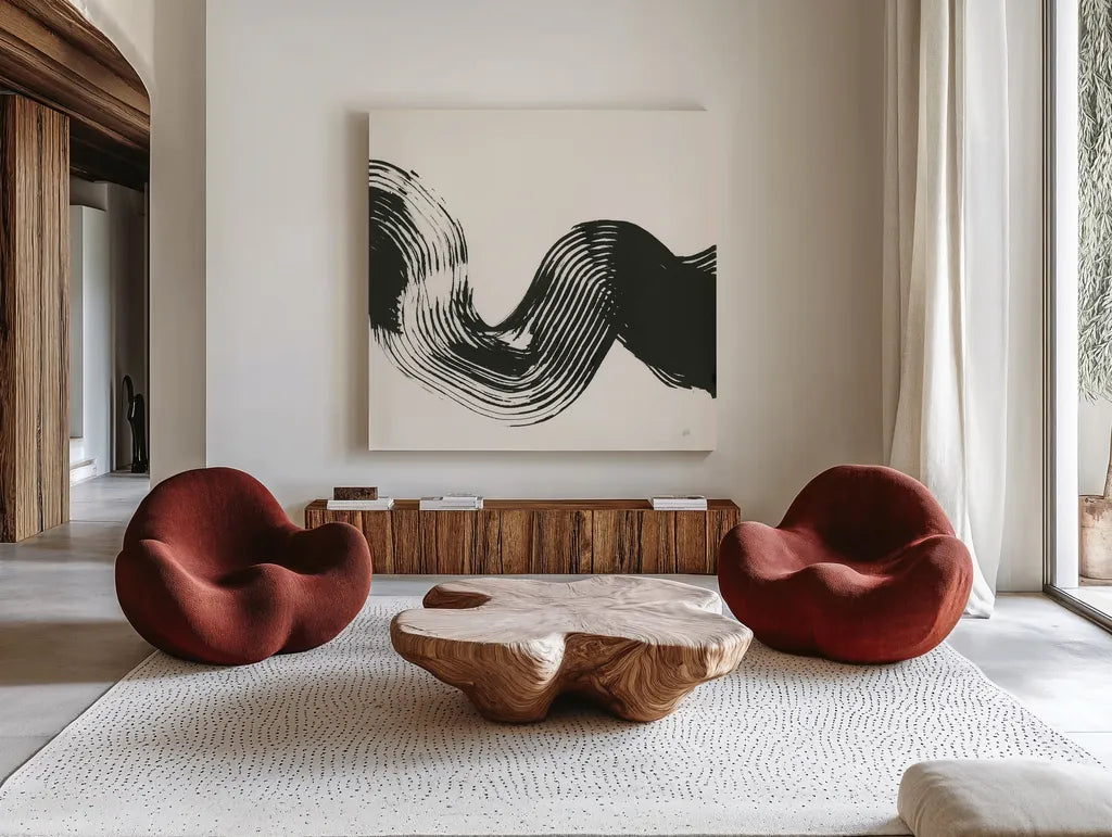 Brushed V by Chris Paschke. Shown as extra-large giant wall art in a modern living room. Available as an archival giclee rolled canvas, fine art paper, or poster print. SKU 79475a.