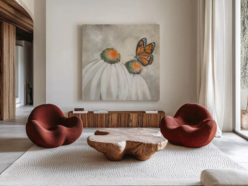 Butterflies are Free II by Chris Paschke. Shown as extra-large giant wall art in a modern living room. Available as an archival giclee rolled canvas, fine art paper, or poster print. SKU 48037a.