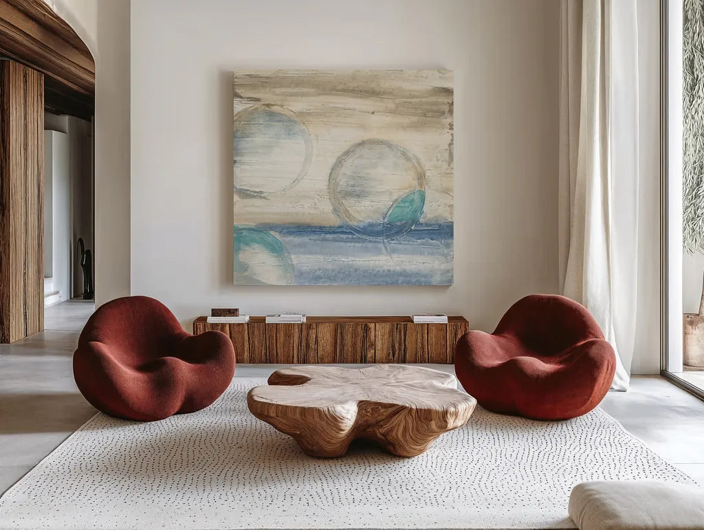 Circles in Time IV by Chris Paschke. Shown as extra-large giant wall art in a modern living room. Available as an archival giclee rolled canvas, fine art paper, or poster print. SKU 12397a.