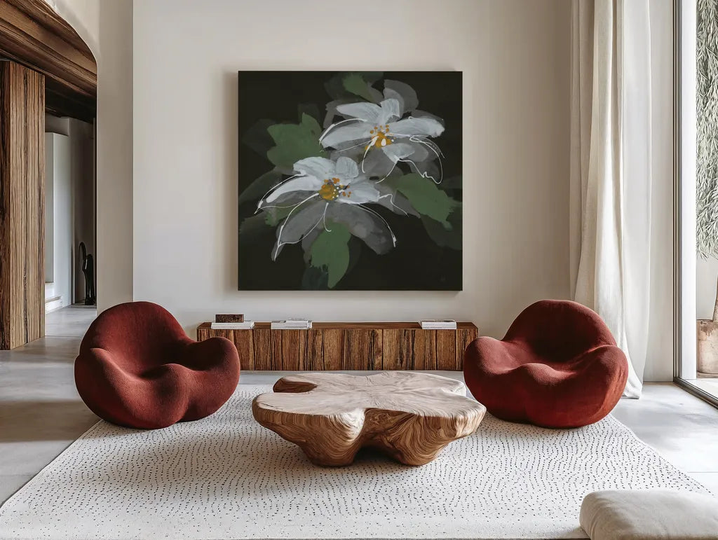 Clematis I Green by Chris Paschke. Shown as extra-large giant wall art in a modern living room. Available as an archival giclee rolled canvas, fine art paper, or poster print. SKU 81074a.