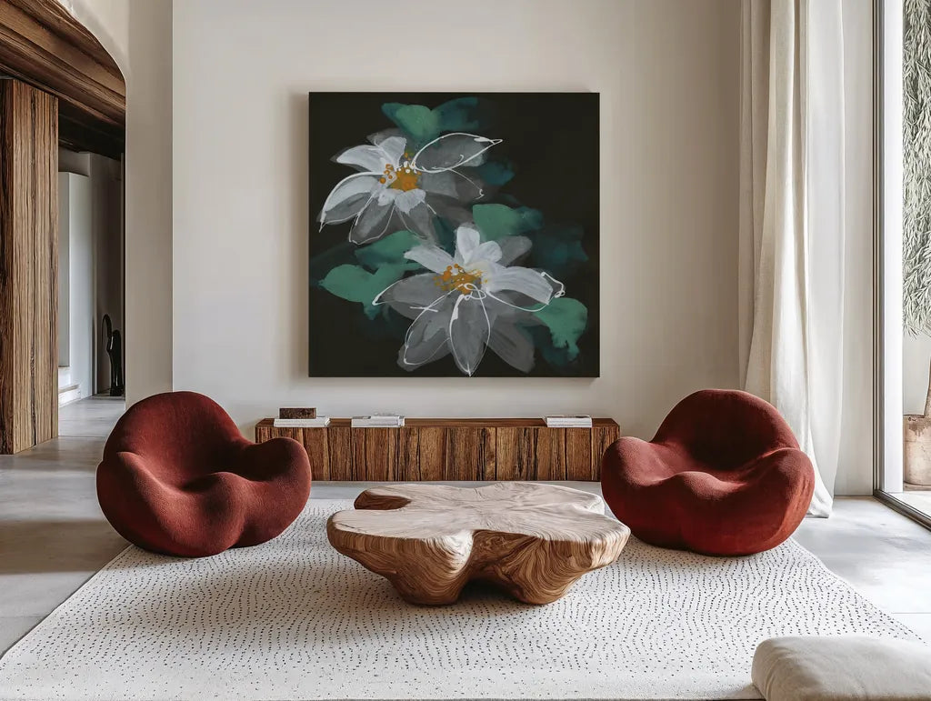Clematis II by Chris Paschke. Shown as extra-large giant wall art in a modern living room. Available as an archival giclee rolled canvas, fine art paper, or poster print. SKU 80810a.