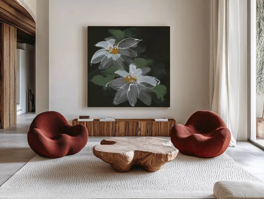 Clematis II Green by Chris Paschke. Shown as extra-large giant wall art in a modern living room. Available as an archival giclee rolled canvas, fine art paper, or poster print. SKU 81075a.