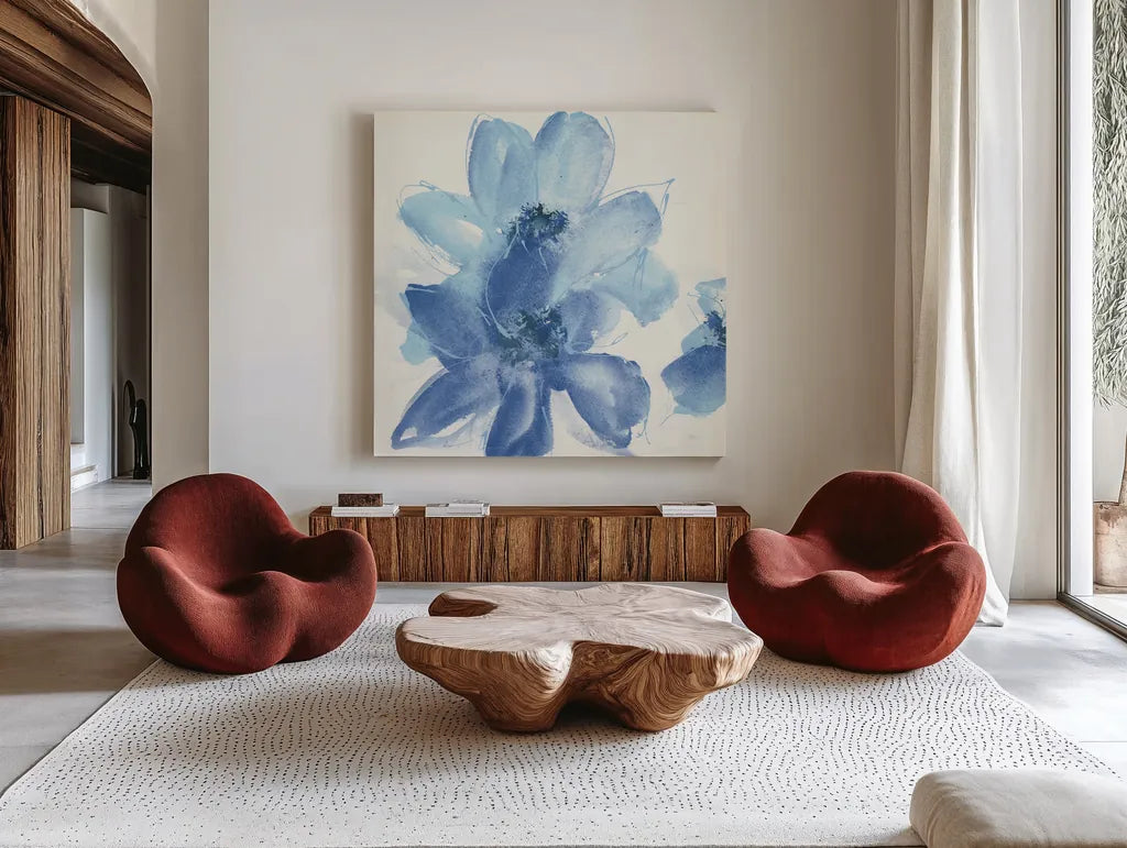 Cobalt Clematis I by Chris Paschke. Shown as extra-large giant wall art in a modern living room. Available as an archival giclee rolled canvas, fine art paper, or poster print. SKU 33996a.