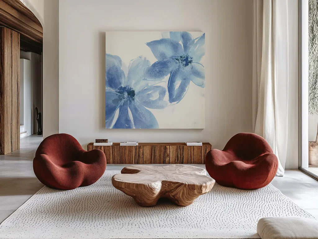 Cobalt Clematis II by Chris Paschke. Shown as extra-large giant wall art in a modern living room. Available as an archival giclee rolled canvas, fine art paper, or poster print. SKU 33997a.