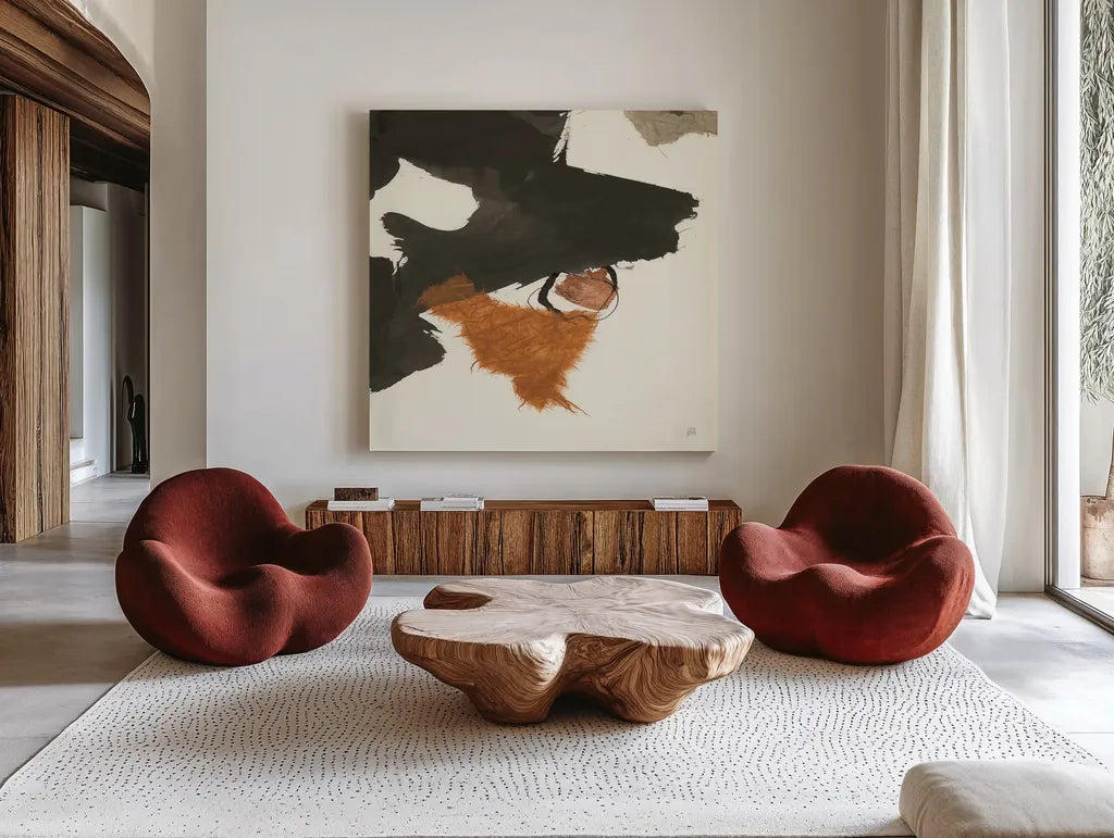 Copper Linked IV by Chris Paschke. Shown as extra-large giant wall art in a modern living room. Available as an archival giclee rolled canvas, fine art paper, or poster print. SKU 67343a.