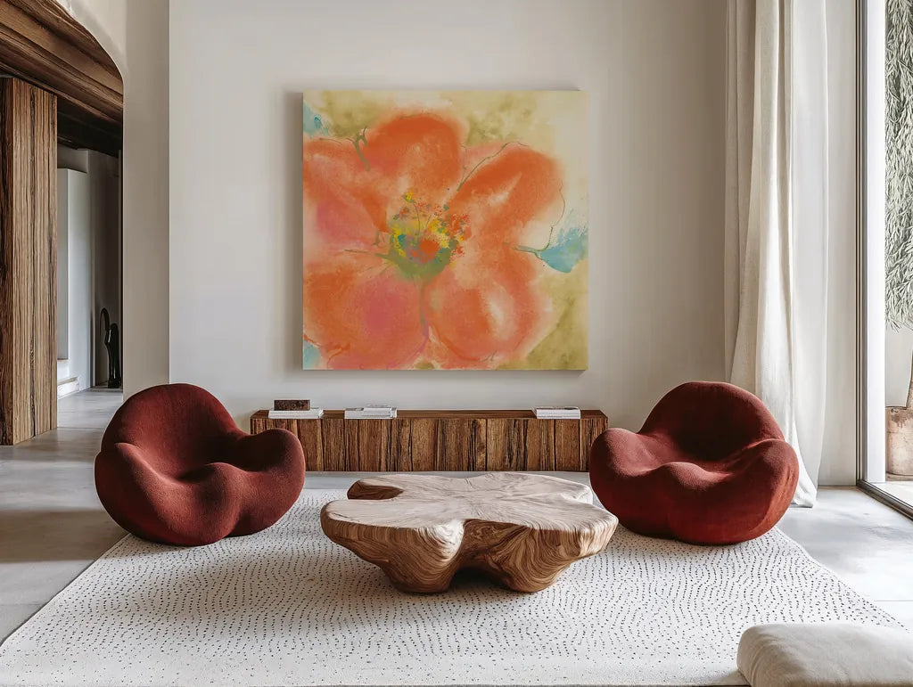 Coral Poppy II by Chris Paschke. Shown as extra-large giant wall art in a modern living room. Available as an archival giclee rolled canvas, fine art paper, or poster print. SKU 50158a.