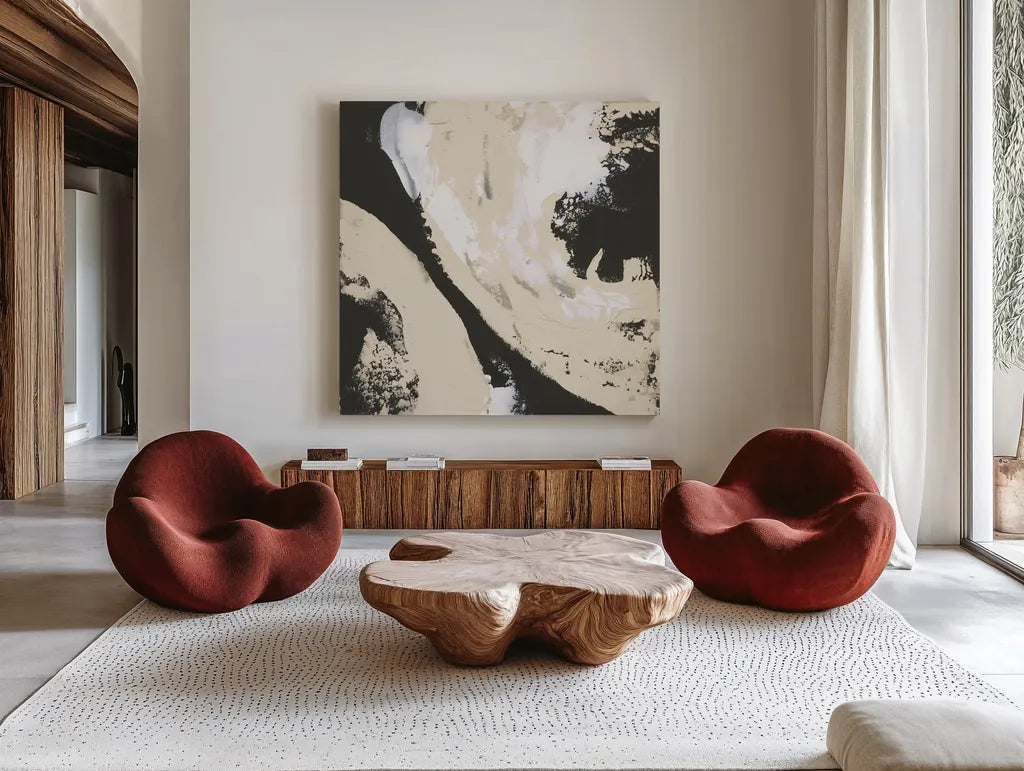 Crosby III Bright Cream by Chris Paschke. Shown as extra-large giant wall art in a modern living room. Available as an archival giclee rolled canvas, fine art paper, or poster print. SKU 84981a.