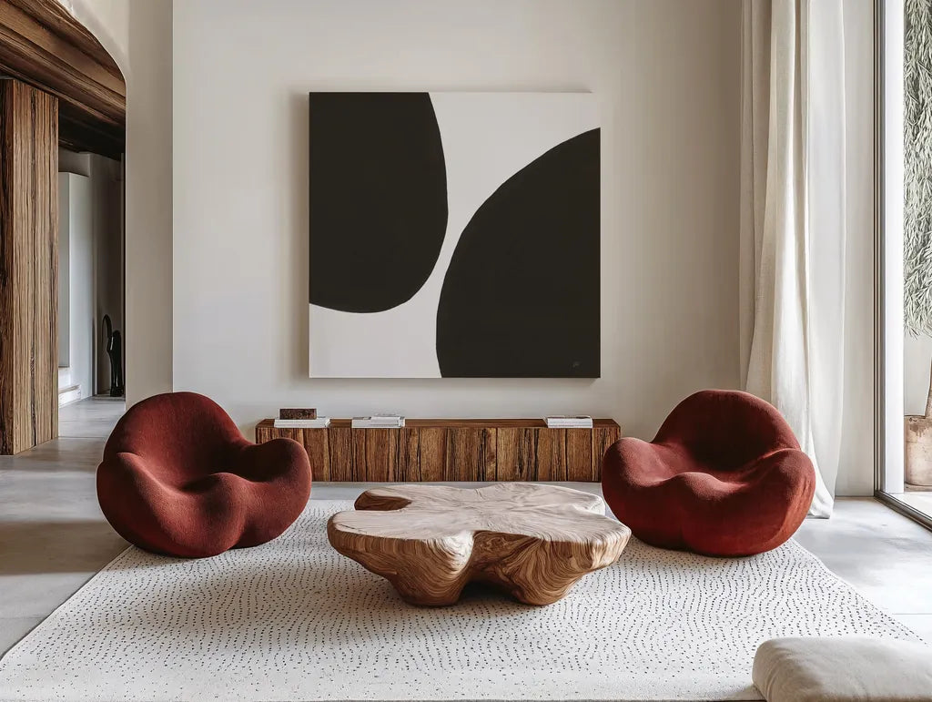 Curvilinear I by Chris Paschke. Shown as extra-large giant wall art in a modern living room. Available as an archival giclee rolled canvas, fine art paper, or poster print. SKU 86229a.