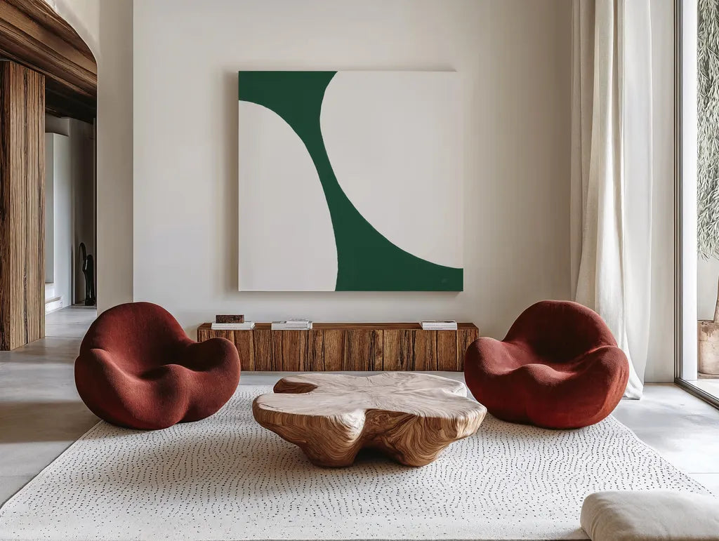 Curvilinear V Emerald Green by Chris Paschke. Shown as extra-large giant wall art in a modern living room. Available as an archival giclee rolled canvas, fine art paper, or poster print. SKU 88262a.
