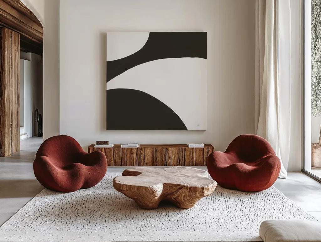 Curvilinear VII by Chris Paschke. Shown as extra-large giant wall art in a modern living room. Available as an archival giclee rolled canvas, fine art paper, or poster print. SKU 86235a.