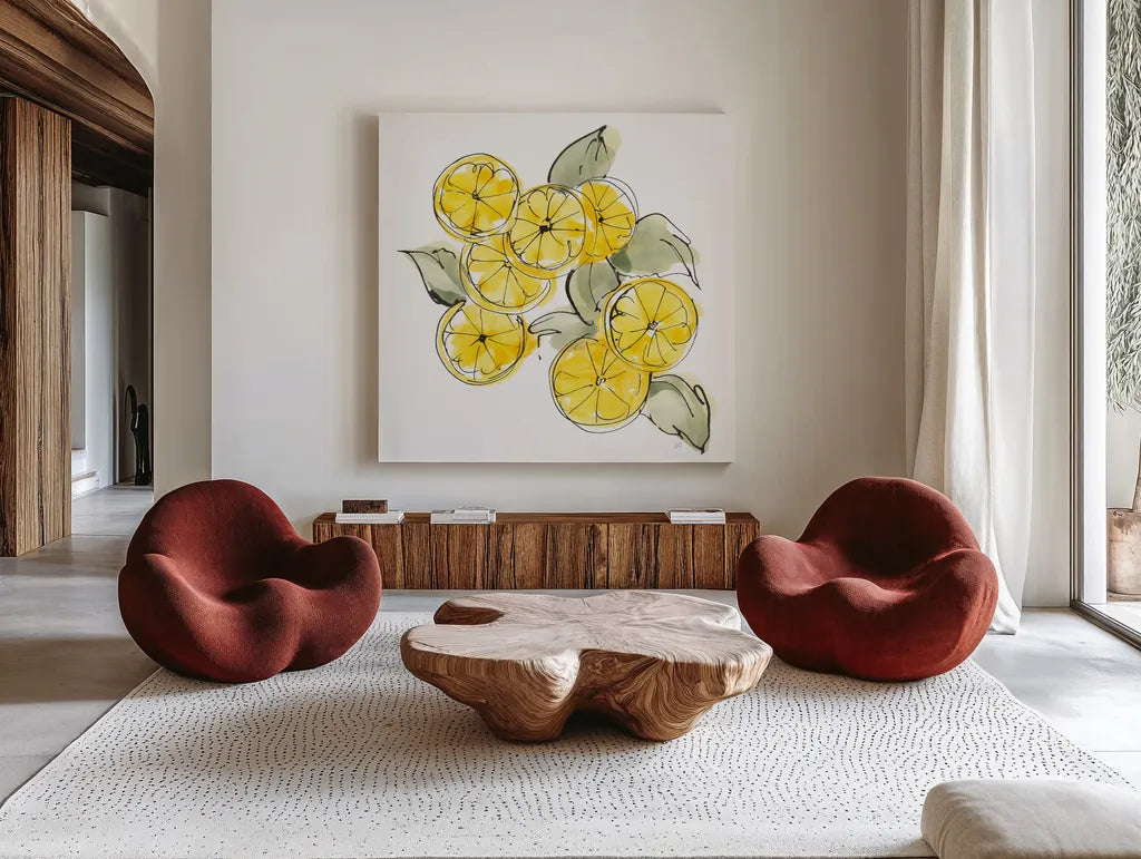Cut Lemons I by Chris Paschke. Shown as extra-large giant wall art in a modern living room. Available as an archival giclee rolled canvas, fine art paper, or poster print. SKU 66884a.