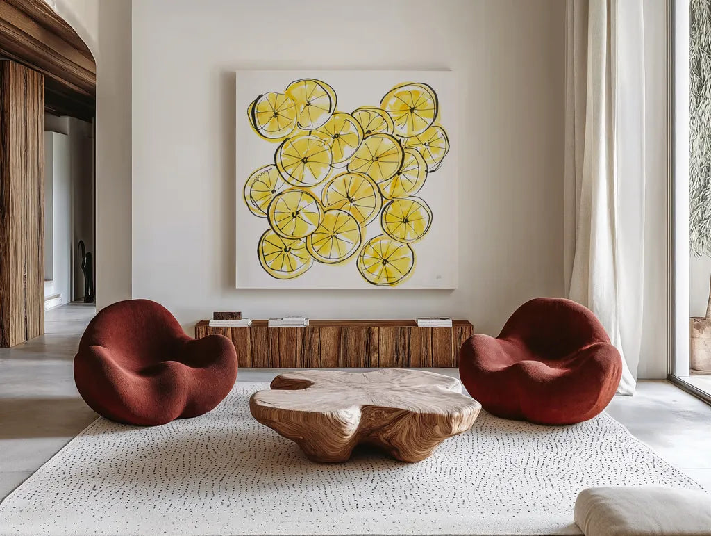 Cut Lemons III by Chris Paschke. Shown as extra-large giant wall art in a modern living room. Available as an archival giclee rolled canvas, fine art paper, or poster print. SKU 66886a.