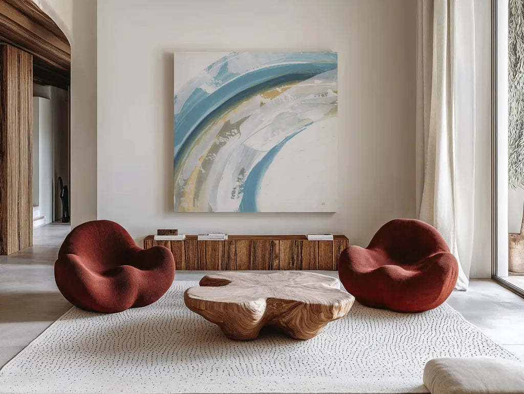 Cyclical I by Chris Paschke. Shown as extra-large giant wall art in a modern living room. Available as an archival giclee rolled canvas, fine art paper, or poster print. SKU 82266a.