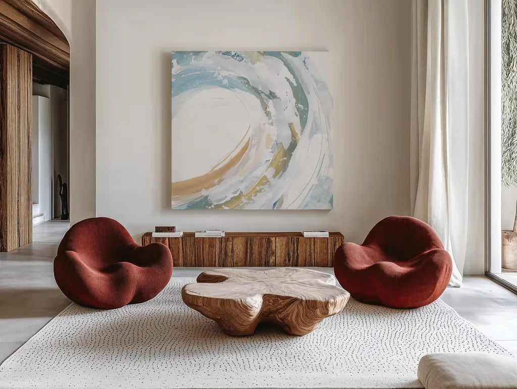 Cyclical IV by Chris Paschke. Shown as extra-large giant wall art in a modern living room. Available as an archival giclee rolled canvas, fine art paper, or poster print. SKU 82269a.