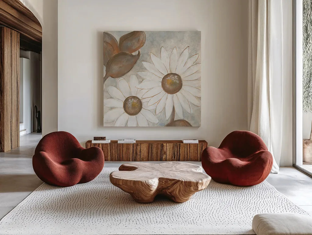Daisy Do I Neutral by Chris Paschke. Shown as extra-large giant wall art in a modern living room. Available as an archival giclee rolled canvas, fine art paper, or poster print. SKU 39338a.