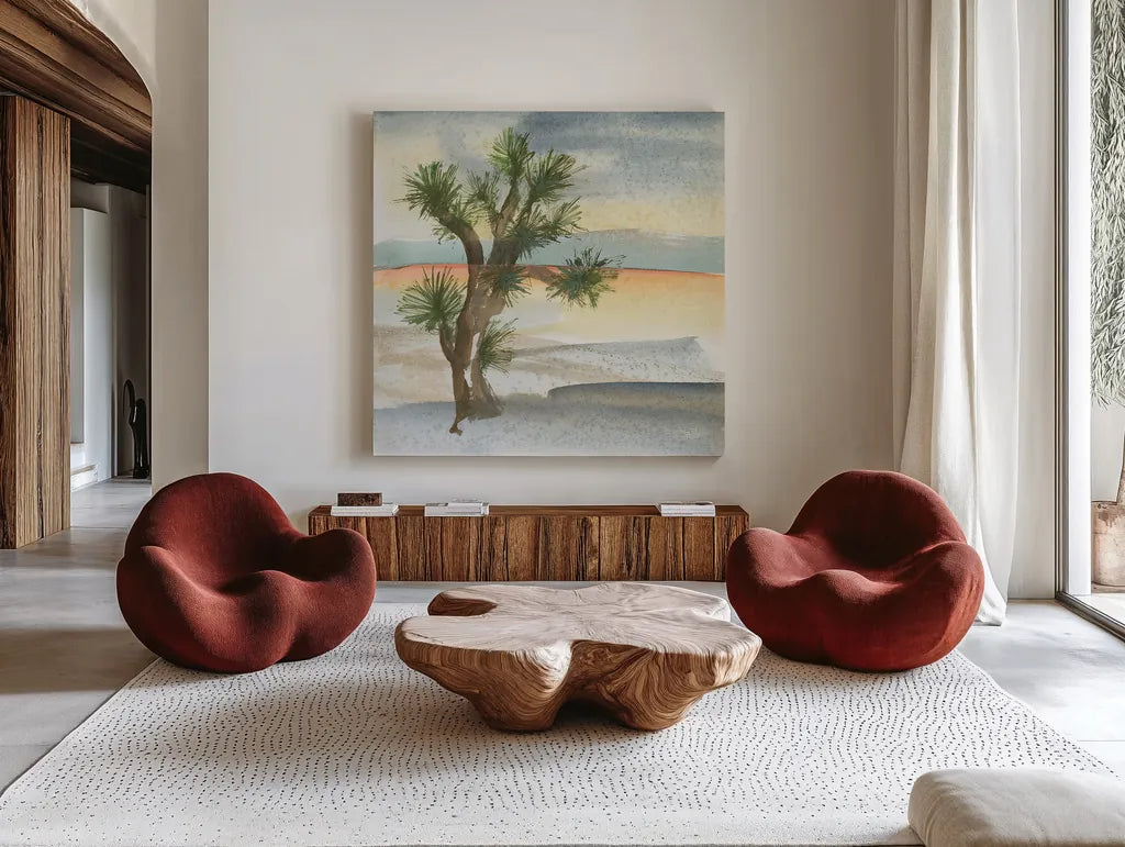 Desert Joshua Tree Cool by Chris Paschke. Shown as extra-large giant wall art in a modern living room. Available as an archival giclee rolled canvas, fine art paper, or poster print. SKU 27008a.