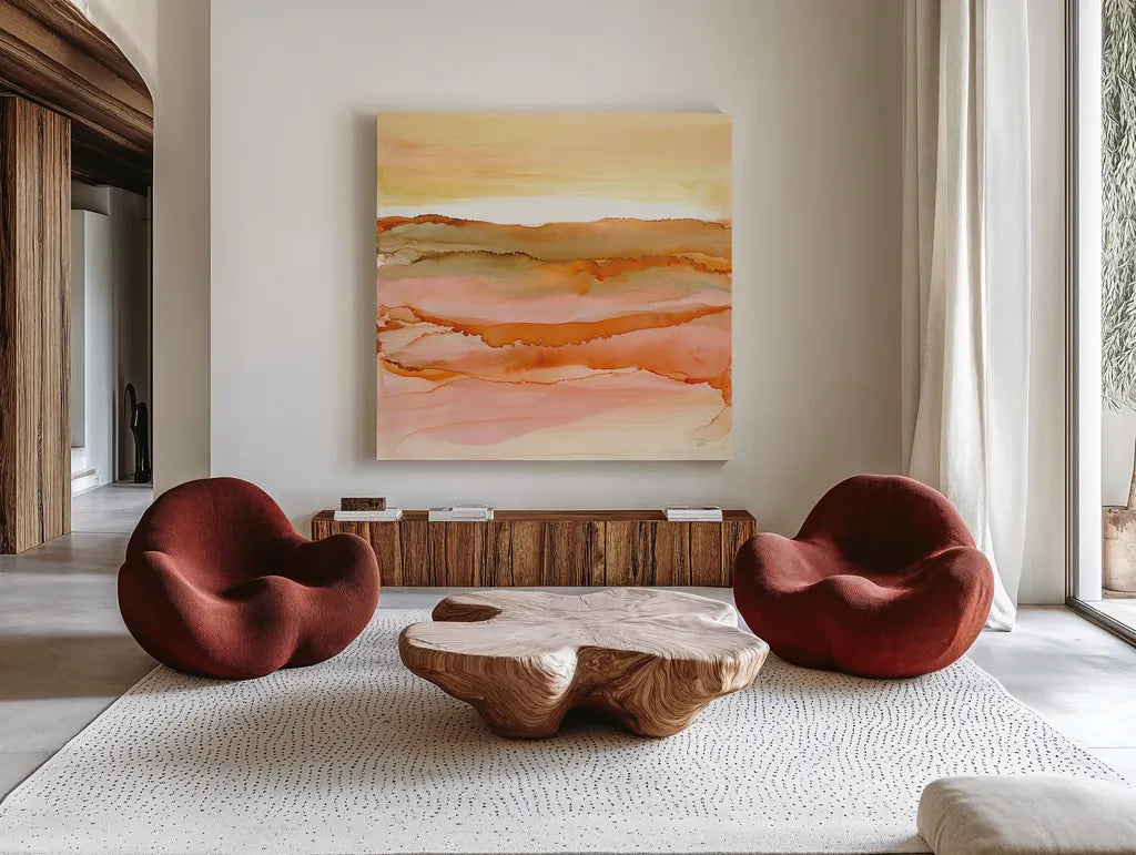Desertscape I by Chris Paschke. Shown as extra-large giant wall art in a modern living room. Available as an archival giclee rolled canvas, fine art paper, or poster print. SKU 66758a.