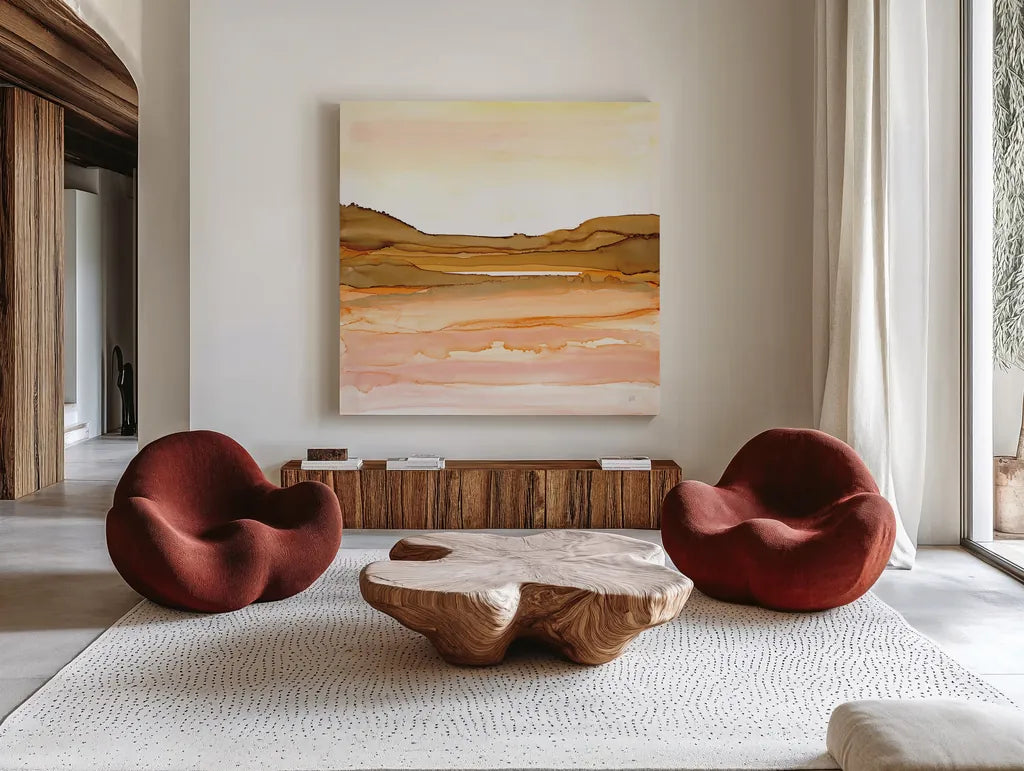 Desertscape II by Chris Paschke. Shown as extra-large giant wall art in a modern living room. Available as an archival giclee rolled canvas, fine art paper, or poster print. SKU 66759a.