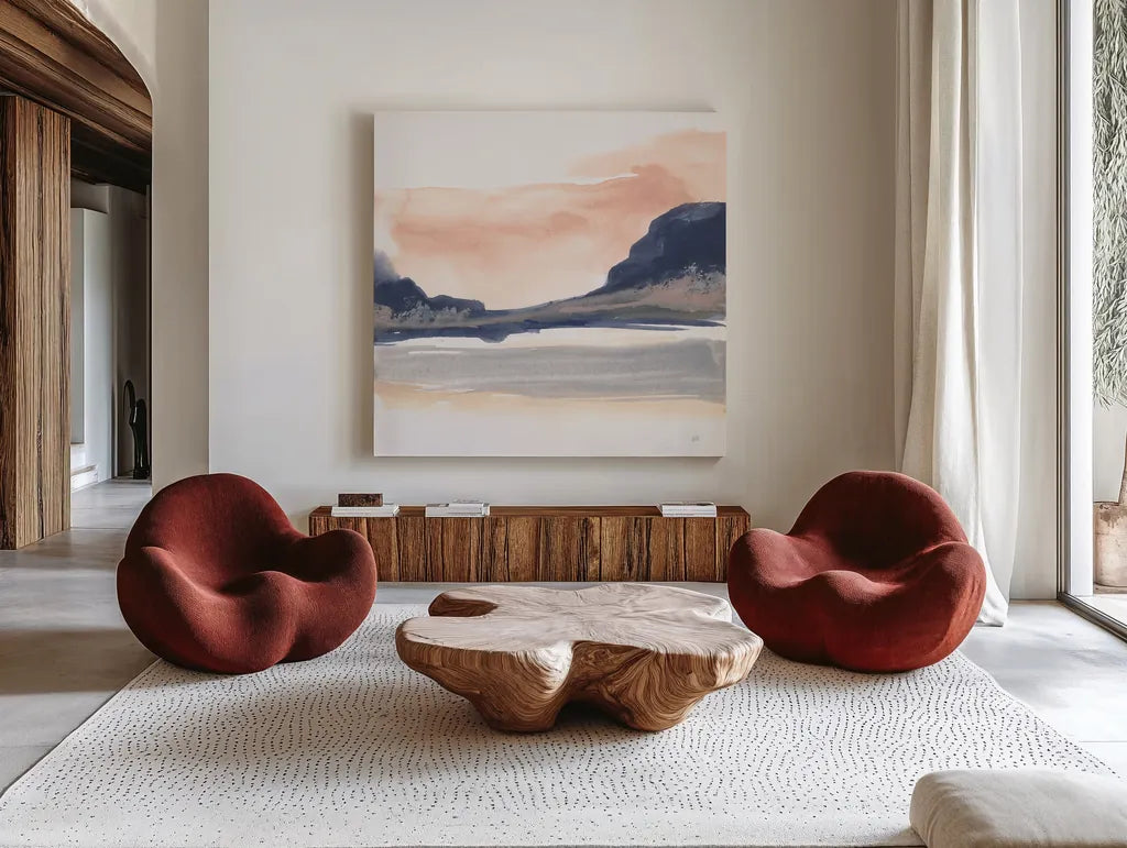 Dusk Dunes IV by Chris Paschke. Shown as extra-large giant wall art in a modern living room. Available as an archival giclee rolled canvas, fine art paper, or poster print. SKU 94400a.