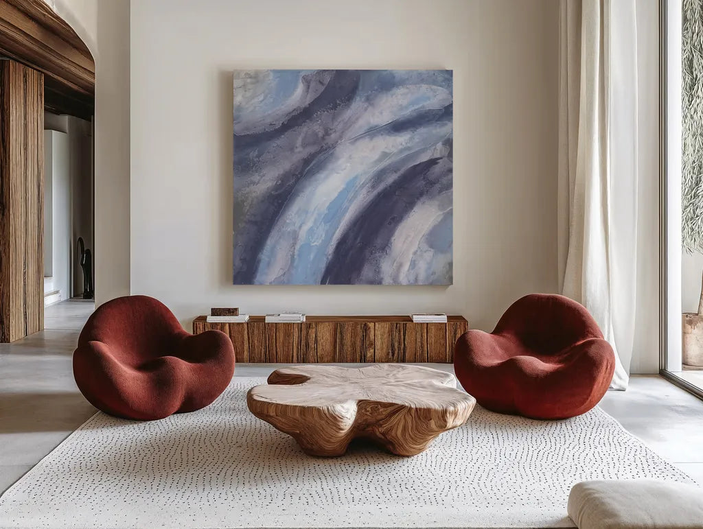 Dusk and Blue I by Chris Paschke. Shown as extra-large giant wall art in a modern living room. Available as an archival giclee rolled canvas, fine art paper, or poster print. SKU 95458a.