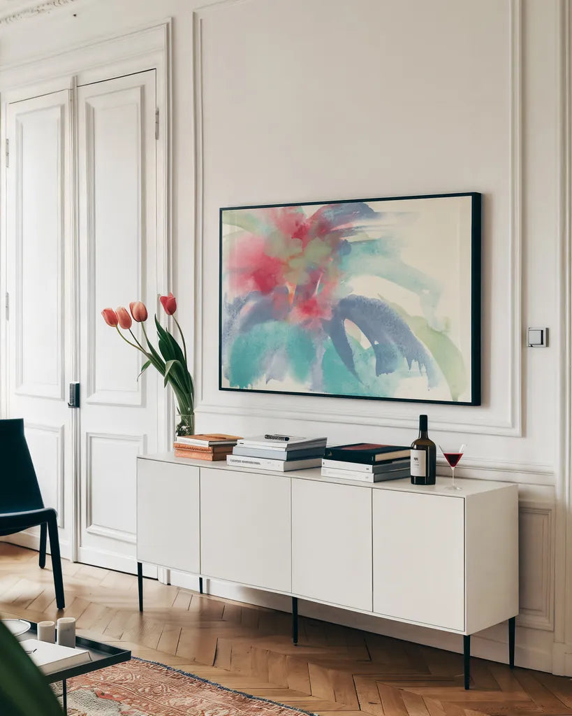 Dusting of Mint II by Chris Paschke. shown as a framed stretched canvas in a living room above a console. Available as a archival giclee rolled canvas, fine art paper, or poster print. SKU 49048i.