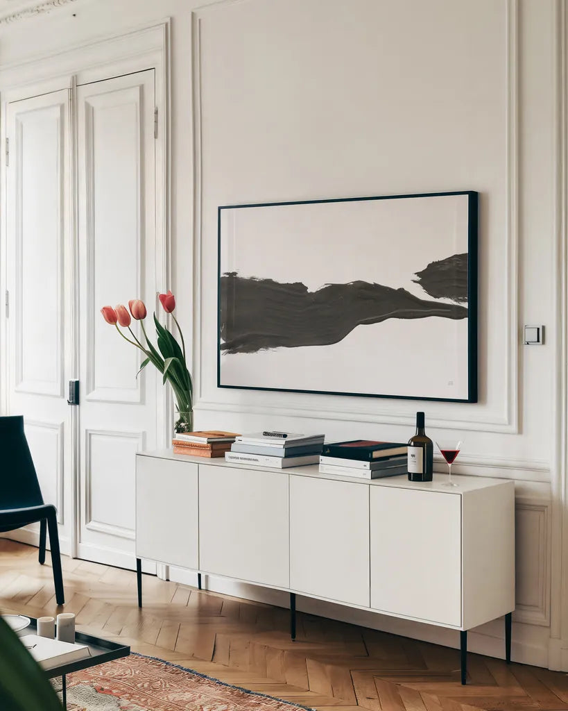 Either Way II by Chris Paschke. shown as a framed stretched canvas in a living room above a console. Available as a archival giclee rolled canvas, fine art paper, or poster print. SKU 94414i.