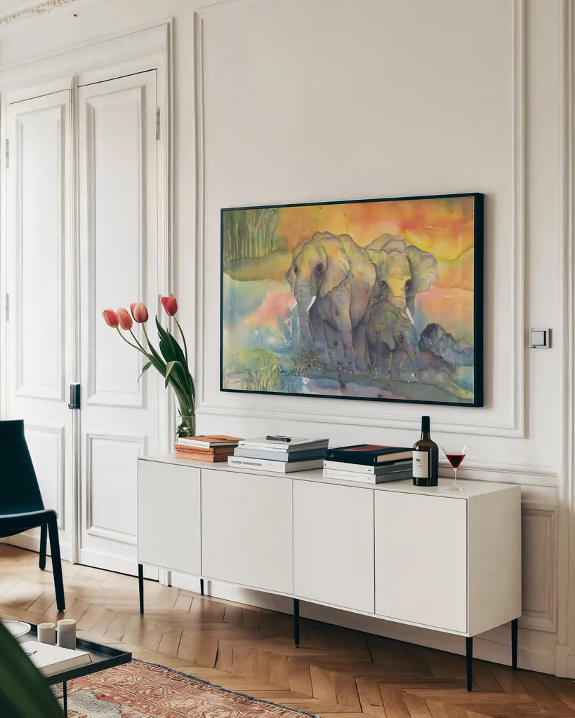 Elephants by Chris Paschke. shown as a framed stretched canvas in a living room above a console. Available as a archival giclee rolled canvas, fine art paper, or poster print. SKU 44510i.