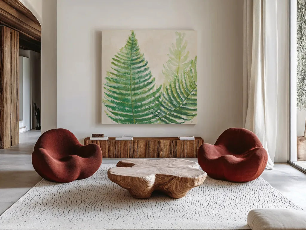 Ferns Square III v2 on Cream by Chris Paschke. Shown as extra-large giant wall art in a modern living room. Available as an archival giclee rolled canvas, fine art paper, or poster print. SKU 26377a.
