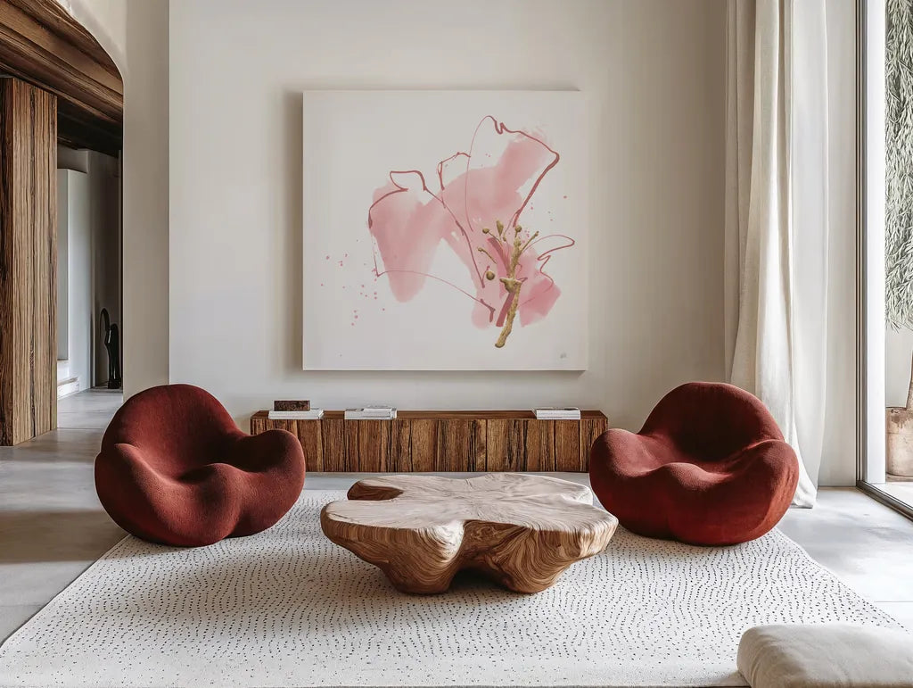 Floral Blossom III by Chris Paschke. Shown as extra-large giant wall art in a modern living room. Available as an archival giclee rolled canvas, fine art paper, or poster print. SKU 82452a.