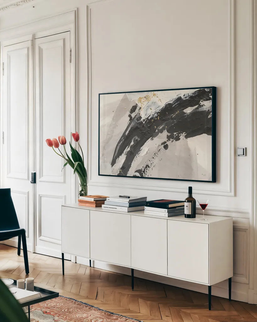 Galaxy I Crop by Chris Paschke. shown as a framed stretched canvas in a living room above a console. Available as a archival giclee rolled canvas, fine art paper, or poster print. SKU 31735i.