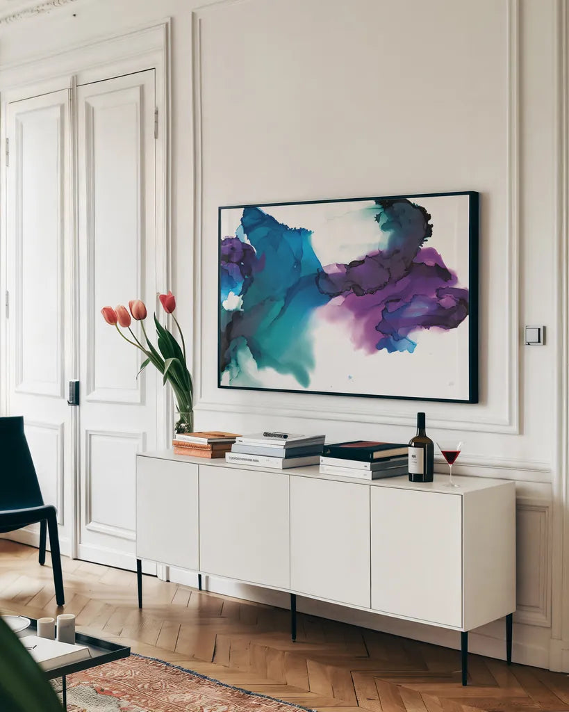 Gemstone by Chris Paschke. shown as a framed stretched canvas in a living room above a console. Available as a archival giclee rolled canvas, fine art paper, or poster print. SKU 65431i.