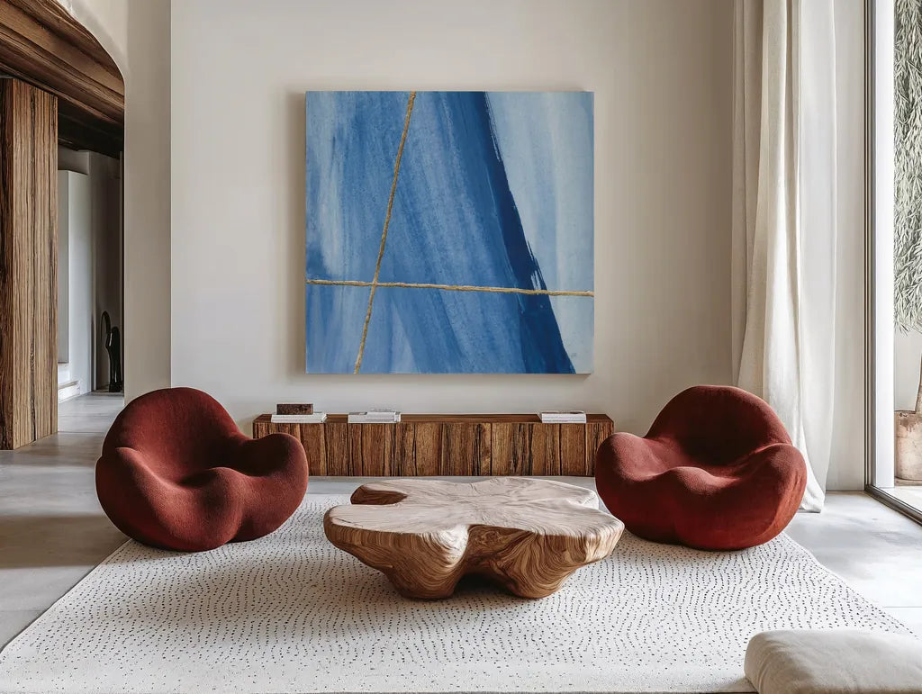 Geometrics I by Chris Paschke. Shown as extra-large giant wall art in a modern living room. Available as an archival giclee rolled canvas, fine art paper, or poster print. SKU 68180a.