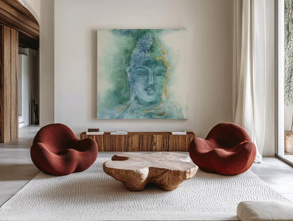 Gilded Buddha II by Chris Paschke. Shown as extra-large giant wall art in a modern living room. Available as an archival giclee rolled canvas, fine art paper, or poster print. SKU 48025a.
