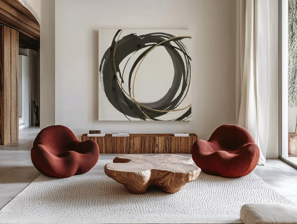 Gilded Enso I by Chris Paschke. Shown as extra-large giant wall art in a modern living room. Available as an archival giclee rolled canvas, fine art paper, or poster print. SKU 34701a.