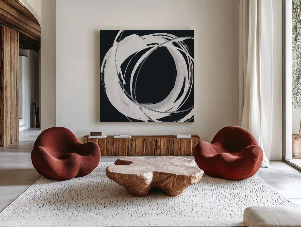 Gilded Enso I BW by Chris Paschke. Shown as extra-large giant wall art in a modern living room. Available as an archival giclee rolled canvas, fine art paper, or poster print. SKU 54816a.