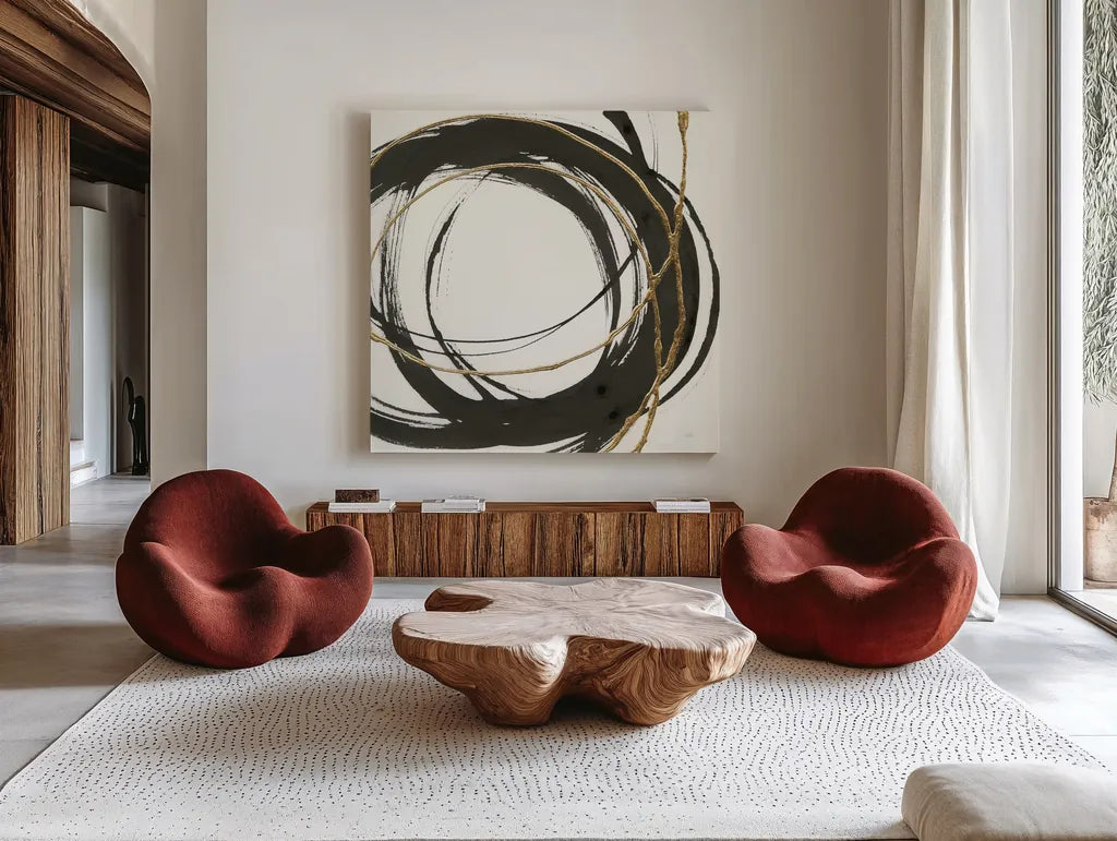 Gilded Enso II by Chris Paschke. Shown as extra-large giant wall art in a modern living room. Available as an archival giclee rolled canvas, fine art paper, or poster print. SKU 34702a.