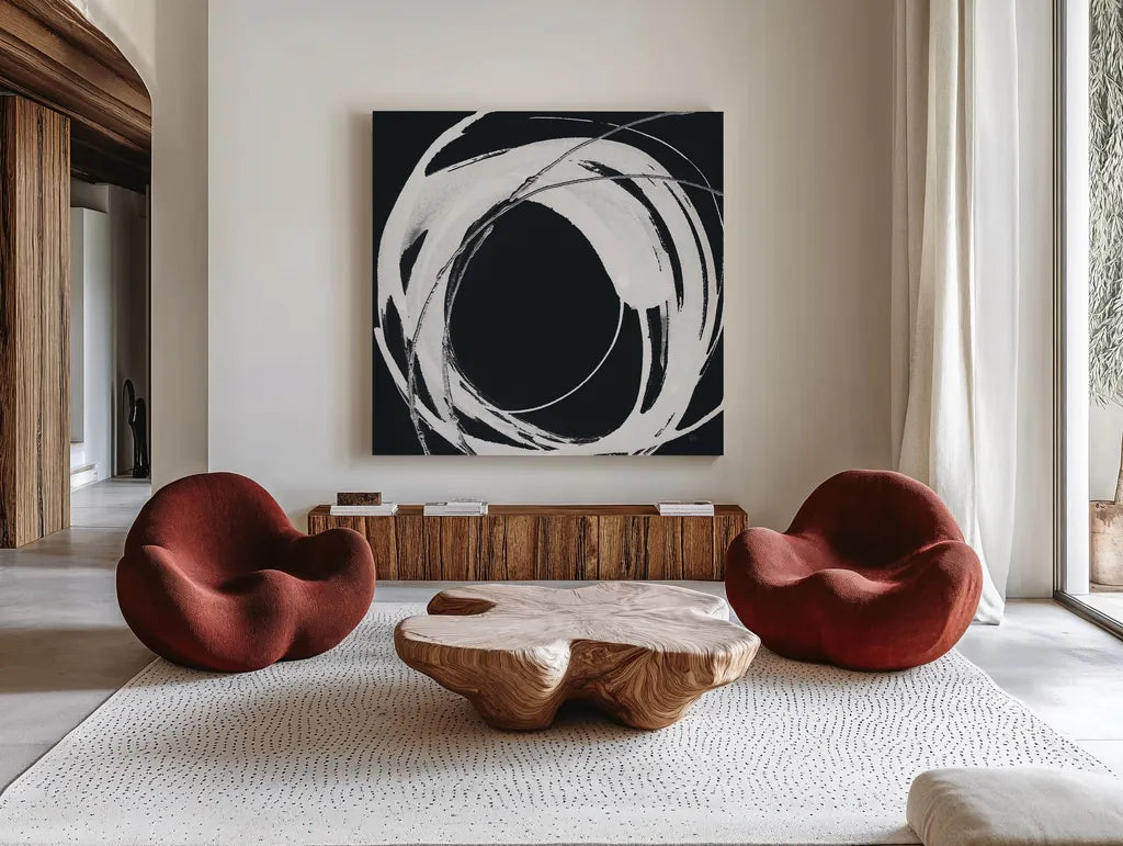Gilded Enso IV BW by Chris Paschke. Shown as extra-large giant wall art in a modern living room. Available as an archival giclee rolled canvas, fine art paper, or poster print. SKU 54819a.