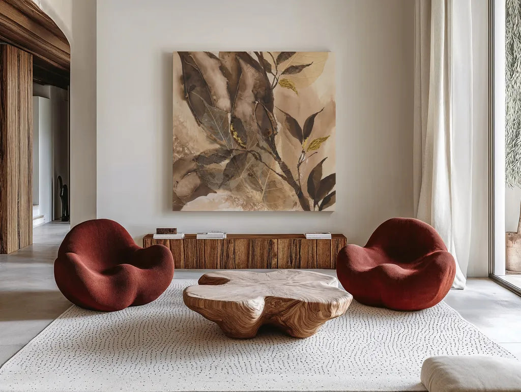 Gilded Leaf Collage II by Chris Paschke. Shown as extra-large giant wall art in a modern living room. Available as an archival giclee rolled canvas, fine art paper, or poster print. SKU 96188a.